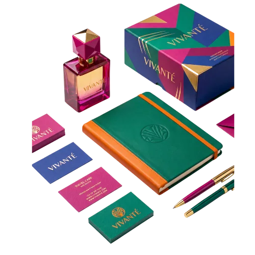 Identité de marque Vivanté : flacon de parfum, coffret, cartes de visite, carnet et stylos — création branding premium Wendy Wilson Web