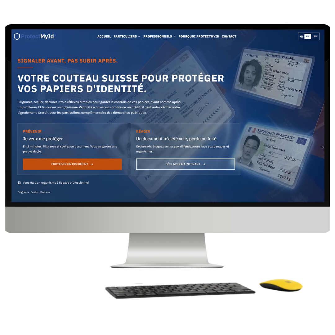 ProtectMyId - Plateforme identitaire officielle de prévention et protection contre l'usurpation d'identité, avec filigrane, lien unique et authentification
